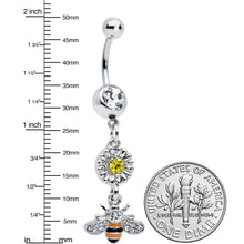 Load image into Gallery viewer, Clear Yellow Gem Striped Bee Daisy Flower Dangle Belly Ring
