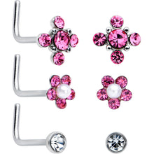 Load image into Gallery viewer, 20G 1/4 Aurora Pink CZ Gem Flower L Shape Nose Ring Set of 6
