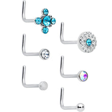 Load image into Gallery viewer, 20G 1/4 Aurora Blue CZ Gem Flower L Shape Nose Ring Set of 6
