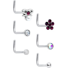 Load image into Gallery viewer, 20G 1/4 Aurora Purple CZ Gem Flower Bow L Shape Nose Ring Set of 6
