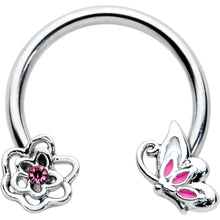 Load image into Gallery viewer, 16G 3/8 Pink Butterfly Pink Gem Flower Horseshoe Circular Barbell
