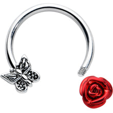 Load image into Gallery viewer, 16G 3/8 Butterfly Red Rose Flower Horseshoe Circular Barbell
