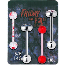 Load image into Gallery viewer, Licensed Friday the 13th Mask Splatter Barbell Tongue Ring Set of 4
