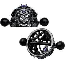 Load image into Gallery viewer, 14G 9/16 Purple Gem Black Regal Crown Heart Nipple Shield Set
