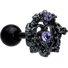 Load image into Gallery viewer, 16G 1/4 Purple Gem Regal Black Crown Heart Cartilage Tragus
