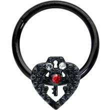 Load image into Gallery viewer, 16G 3/8 Red Clear Gem Black Key Heart Hinged Segment Ring
