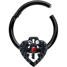 Load image into Gallery viewer, 16G 3/8 Red Clear Gem Black Key Heart Hinged Segment Ring
