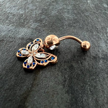 Load image into Gallery viewer, Blue Clear Gem Rose Gold Tone Butterfly Wings Dangle Belly Ring
