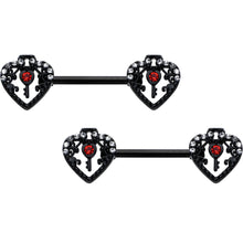 Load image into Gallery viewer, 14G 9/16 Red Clear Gem Black Key Heart Barbell Nipple Ring Set

