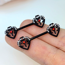 Load image into Gallery viewer, 14G 9/16 Red Clear Gem Black Key Heart Barbell Nipple Ring Set
