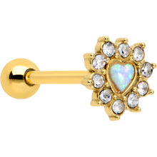 Load image into Gallery viewer, White Faux Opal Gold Tone Sun Heart Barbell Tongue Ring
