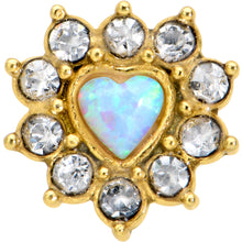 Load image into Gallery viewer, White Faux Opal Gold Tone Sun Heart Barbell Tongue Ring
