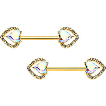 Load image into Gallery viewer, 14G 9/16 Aurora Gem Gold Hue Rococo Heart Barbell Nipple Ring Set
