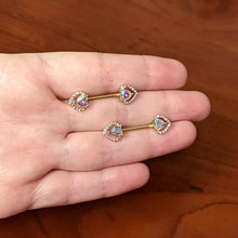 Load image into Gallery viewer, 14G 9/16 Aurora Gem Gold Hue Rococo Heart Barbell Nipple Ring Set
