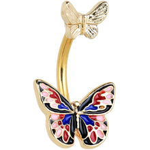 Load image into Gallery viewer, Gold Tone Colorful Butterfly Pair Red Blue Double Mount Belly Ring
