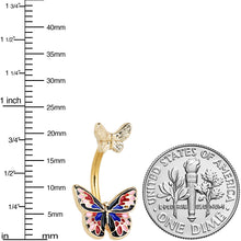 Load image into Gallery viewer, Gold Tone Colorful Butterfly Pair Red Blue Double Mount Belly Ring
