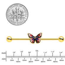 Load image into Gallery viewer, 14G Gold Tone Red Blue Pink Butterfly Industrial Barbell 38mm
