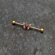 Load image into Gallery viewer, 14G Gold Tone Red Blue Pink Butterfly Industrial Barbell 38mm
