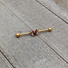 Load image into Gallery viewer, 14G Gold Tone Red Blue Pink Butterfly Industrial Barbell 38mm
