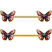 Load image into Gallery viewer, 14G 5/8 Gold Tone Pink Blue Red Butterfly Barbell Nipple Ring Set
