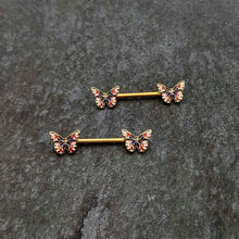 Load image into Gallery viewer, 14G 5/8 Gold Tone Pink Blue Red Butterfly Barbell Nipple Ring Set
