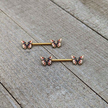 Load image into Gallery viewer, 14G 5/8 Gold Tone Pink Blue Red Butterfly Barbell Nipple Ring Set
