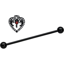 Load image into Gallery viewer, 14G Clear Red Gem Black Key Heart Industrial Barbell 38mm
