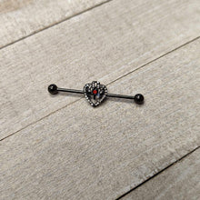 Load image into Gallery viewer, 14G Clear Red Gem Black Key Heart Industrial Barbell 38mm
