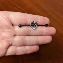 Load image into Gallery viewer, 14G Clear Red Gem Black Key Heart Industrial Barbell 38mm
