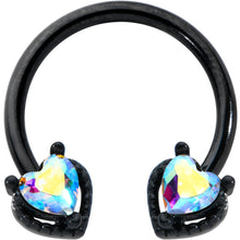 Load image into Gallery viewer, 16G 3/8 Aurora Gem Black Heart Ends Horseshoe Circular Barbell
