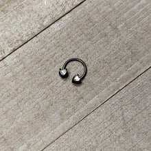 Load image into Gallery viewer, 16G 3/8 Aurora Gem Black Heart Ends Horseshoe Circular Barbell
