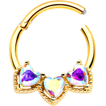 Load image into Gallery viewer, 16G 3/8 Aurora Gem Gold Hue Rococo Trio Heart Hinged Segment Ring
