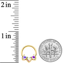 Load image into Gallery viewer, 16G 3/8 Aurora Gem Gold Hue Rococo Trio Heart Hinged Segment Ring
