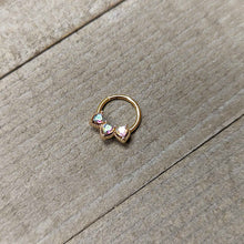 Load image into Gallery viewer, 16G 3/8 Aurora Gem Gold Hue Rococo Trio Heart Hinged Segment Ring
