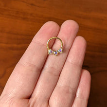 Load image into Gallery viewer, 16G 3/8 Aurora Gem Gold Hue Rococo Trio Heart Hinged Segment Ring
