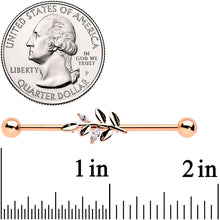 Load image into Gallery viewer, 14G Clear CZ Gem Rose Gold Hue Simple Leaf Industrial Barbell 38mm
