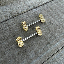 Load image into Gallery viewer, 14G 9/16 Lacy Golden Pineapples Barbell Nipple Ring Set
