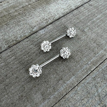 Load image into Gallery viewer, 14G 9/16 Clear Gem Whimsy Flower Barbell Nipple Ring Set
