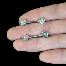Load image into Gallery viewer, 14G 9/16 Clear Gem Whimsy Flower Barbell Nipple Ring Set
