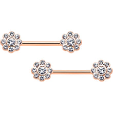 Load image into Gallery viewer, 14G 9/16 Clear Gem Rosy Tone Whimsy Flower Barbell Nipple Ring Set
