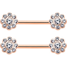 Load image into Gallery viewer, 14G 9/16 Clear Gem Rosy Tone Whimsy Flower Barbell Nipple Ring Set
