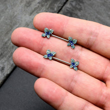 Load image into Gallery viewer, 14G 9/16 Blue Gem Glamour Butterfly Barbell Nipple Ring Set
