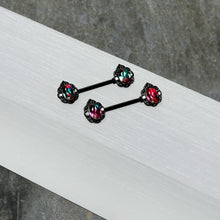Load image into Gallery viewer, 14G 9/16 Purple Tourmaline Black Lacy Drop Barbell Nipple Ring Set
