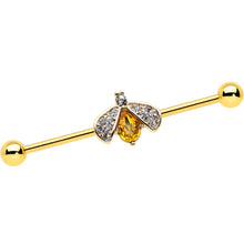 Load image into Gallery viewer, 14G Clear Yellow Gem Gold Tone Style Bug Industrial Barbell 38mm
