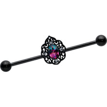 Load image into Gallery viewer, 14G Purple Tourmaline Black Lacy Drop Industrial Barbell 38mm
