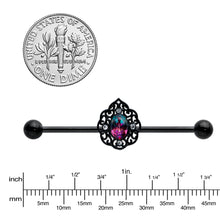Load image into Gallery viewer, 14G Purple Tourmaline Black Lacy Drop Industrial Barbell 38mm
