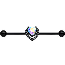 Load image into Gallery viewer, 14G Aurora Clear Gem Black Rococo Heart Industrial Barbell 38mm
