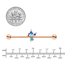 Load image into Gallery viewer, 14G Aurora CZ Gem Rosy Tone Fleur de Lis Butterfly Industrial Barbell 38mm
