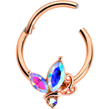 Load image into Gallery viewer, 16G 3/8 Aurora CZ Gem Rosy Tone Fleur de Lis Butterfly Hinged Segment Ring
