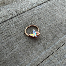 Load image into Gallery viewer, 16G 3/8 Aurora CZ Gem Rosy Tone Fleur de Lis Butterfly Hinged Segment Ring
